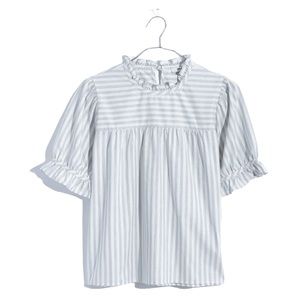 Madewell Ruffle-Neck Keyhole Top in Stripe Blue and White Ruffle Puff Sleeve Top